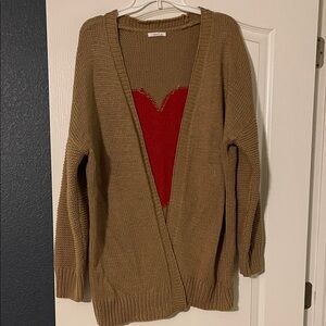 Timing Tan Cardigan with Red Heart Accent